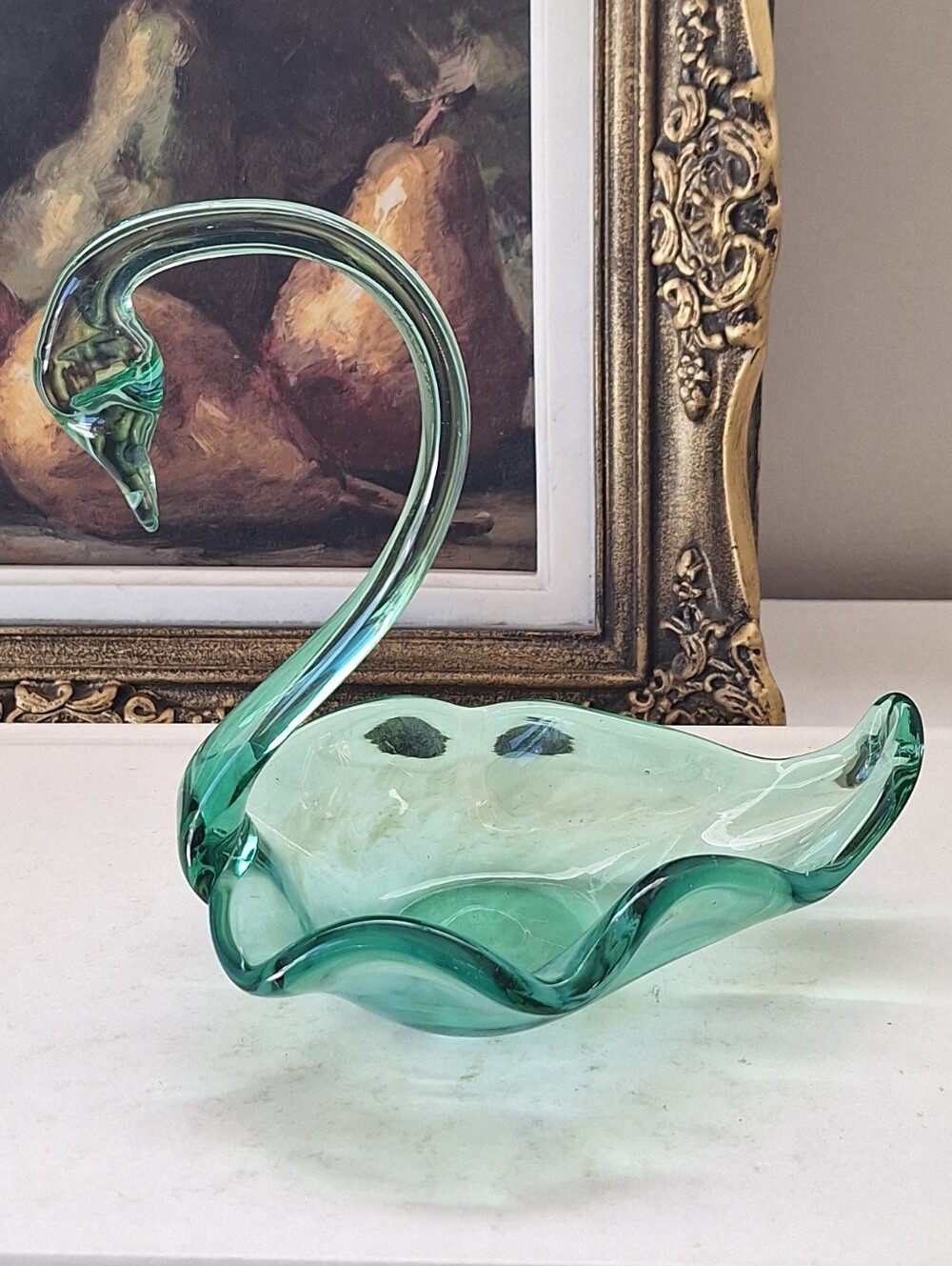 Vintage Turquoise Green Glass Swan Bird trinket Dish Swirl Blown Glass Art ring